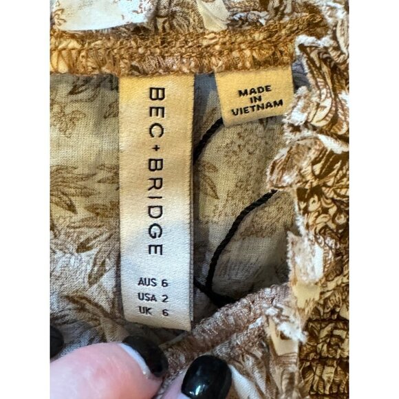 Bec + Bridge Brown And Ivory Cotton Smocked Toile Print Gloria Mini Dress Size 2 - Picture 11 of 14